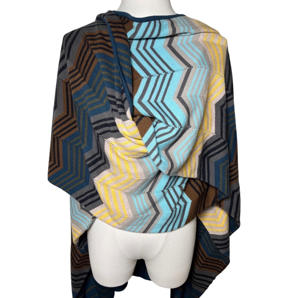 Perse Merino Wool Chevron Zigzag Knit Draped Poncho Wrap‎ S